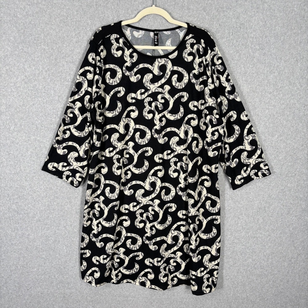 Diva D Dress 3XL Black Cream Mini Knit Paisley‎ 3/4 Sleeve Thin Stretch Shift